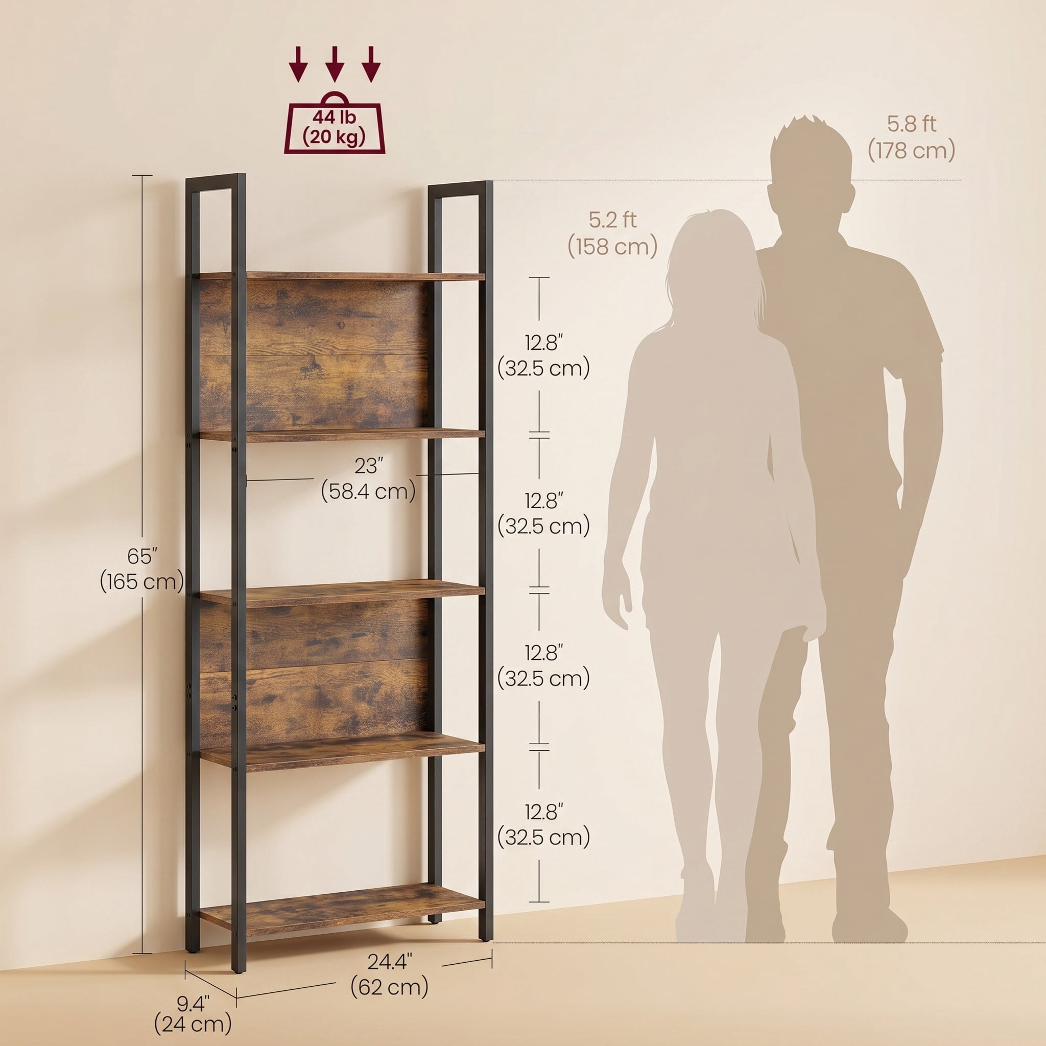 Nordic Hygge 5-Tier Industrial Bookshelf, Slim Storage Bookcase with Steel Frame, Rustic Brown and Black