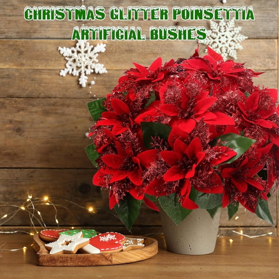 Clearance Under $6 Christmas Decorations, 2PCS Red Poinsettia Artificial Flowers, One Size Plastic Glitter Bushes for Indoor Outdoor