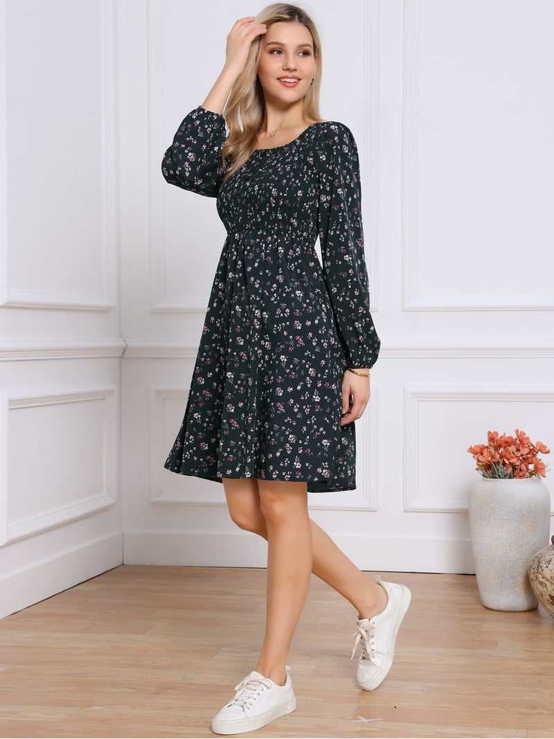DARING DIVA Floral Smocked Long Sleeve A-Line Flowy Midi Fall Dress XS Dark  Blue