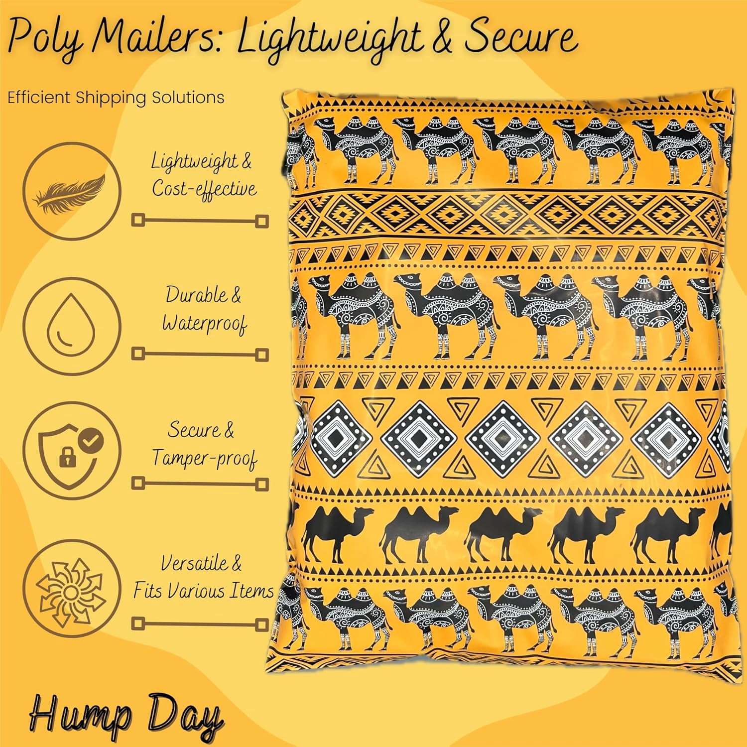 Hawk Poly Mailers 10x13 Cute Aztec Camels Heavy Duty 3.15mil Tamper-Evident & Self-Sealing Shipping Envelopes for Small Businesses Printed Waterproof Mailing Bags Non Padded (Hump Day, 10x13)