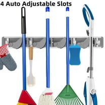 Mop Broom Holder Wall Mount Broom Organizer and Storage Rooms Garage Garden Kitchen Clean Tools (4 Auto Adjustable Slots & 4 Hooks, Gray)