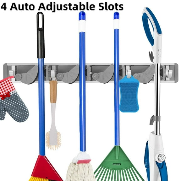 Mop Broom Holder Wall Mount Broom Organizer and Storage Rooms Garage Garden Kitchen Clean Tools (4 Auto Adjustable Slots & 4 Hooks, Gray)