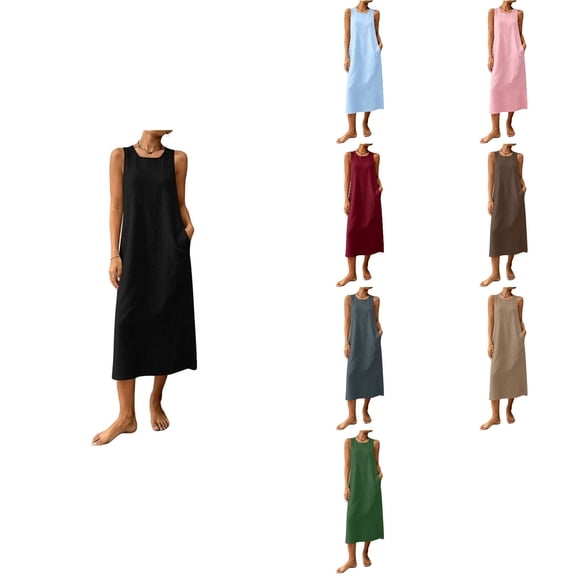 Antinious Women Solid Sleeveless Round Neck Daily Versatile Casual Long Dress with Back Zip and Pockets