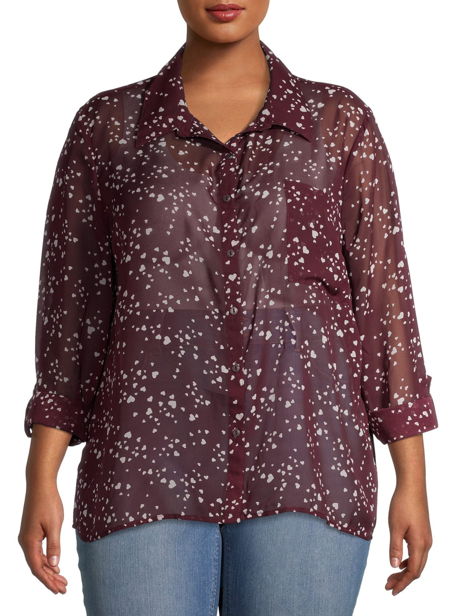 No Boundaries Juniors' Plus Button Down Top with Long Sleeves