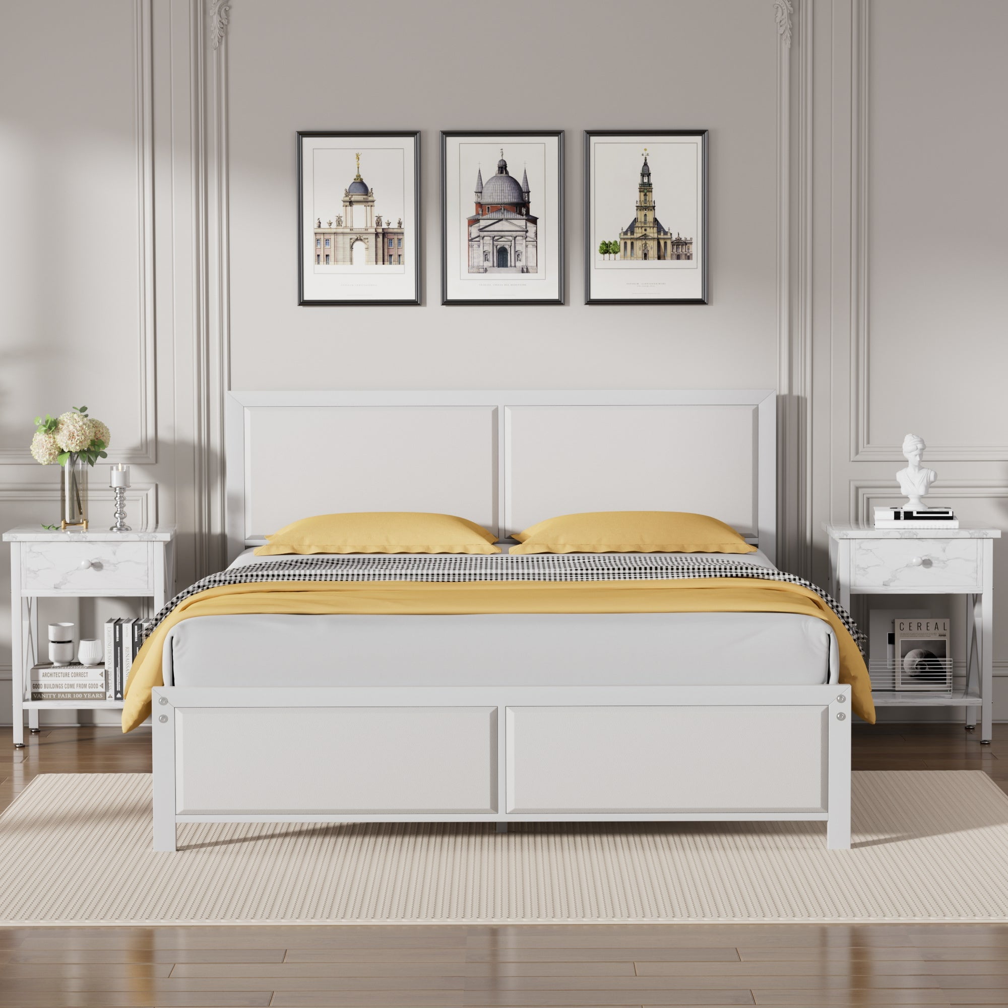 VECELO Full Metal Platform Bed Frame with Wooden Headboard, Heavy Duty Slat Support, No Box Spring Needed, White