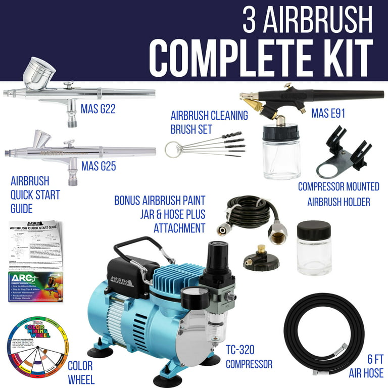  Master Airbrush Cool Runner II Dual Fan Air Compressor Cake  Decorating System Kit with 3 Airbrushes, Gravity and Siphon Feed, 4 Color  Chefmaster Food Coloring Set - How-to Guide, Hose Cupcake
