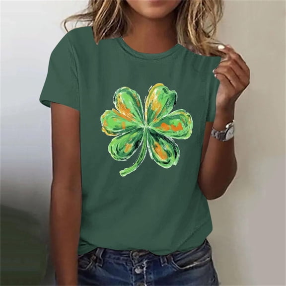 BRGZLK Women's St.Patrick's Day T-shirt Shamrock Print Round Neck Irish Festival Holiday Tee Short Sleeve Causal Top St Patricks Day Clothing Green L
