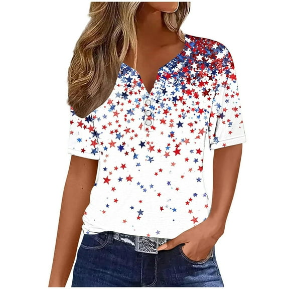 Ladies' Independence Day Printed Button Up Three Quarter Sleeve 3/4 Sleeve V-neck Top/shirt