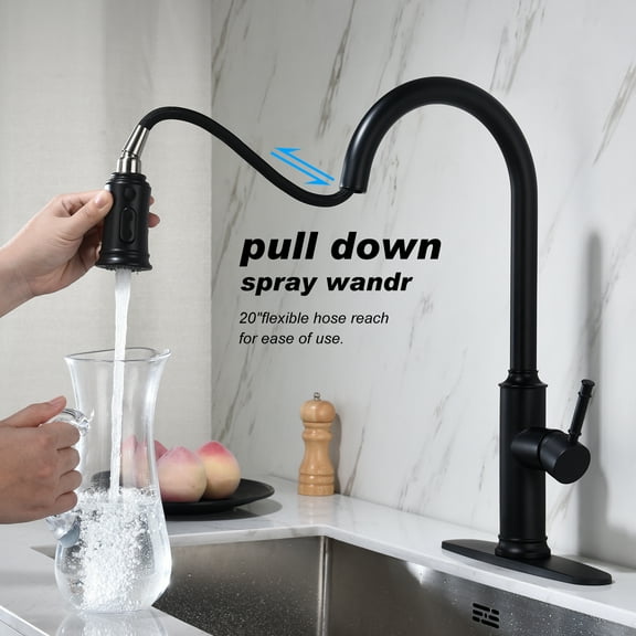 Izzovium Matte Black Kitchen Faucet with Pull Out Sprayer, 360° Swivel High-Arc Stainless Steel Faucet, Single Handle for Easy Temperature Control, 25.59in x 12.59in x 2.95in
