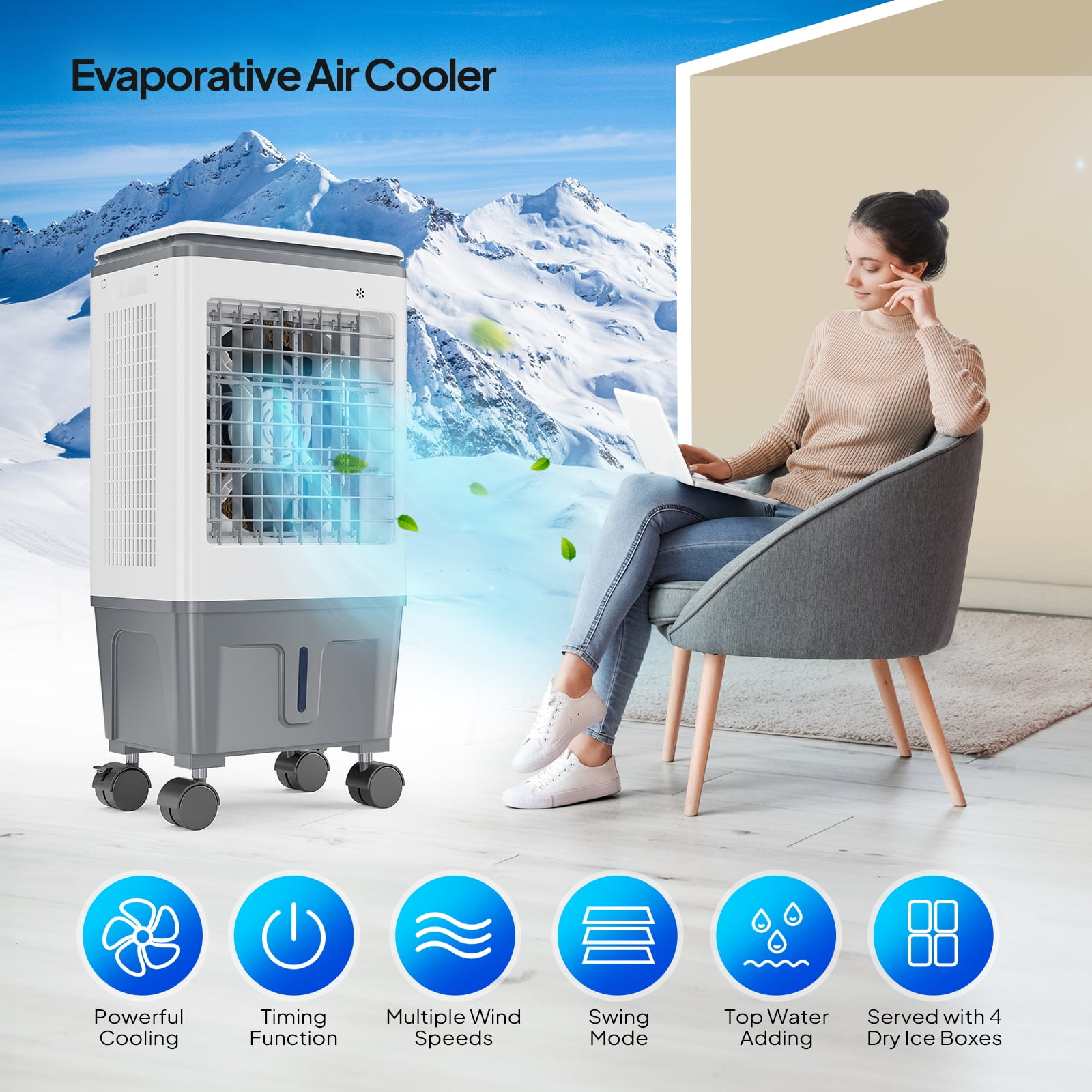 VINGLI 5.2 Gal Portable Air Cooler, 1400CFM Evaporative Swamp Cooler with Oscillation, Remote, 3 Speeds Setting, 12H Timer & 4 Ice Packs, 3-IN-1 Humidifying Cooling Fan for Patio, Garage