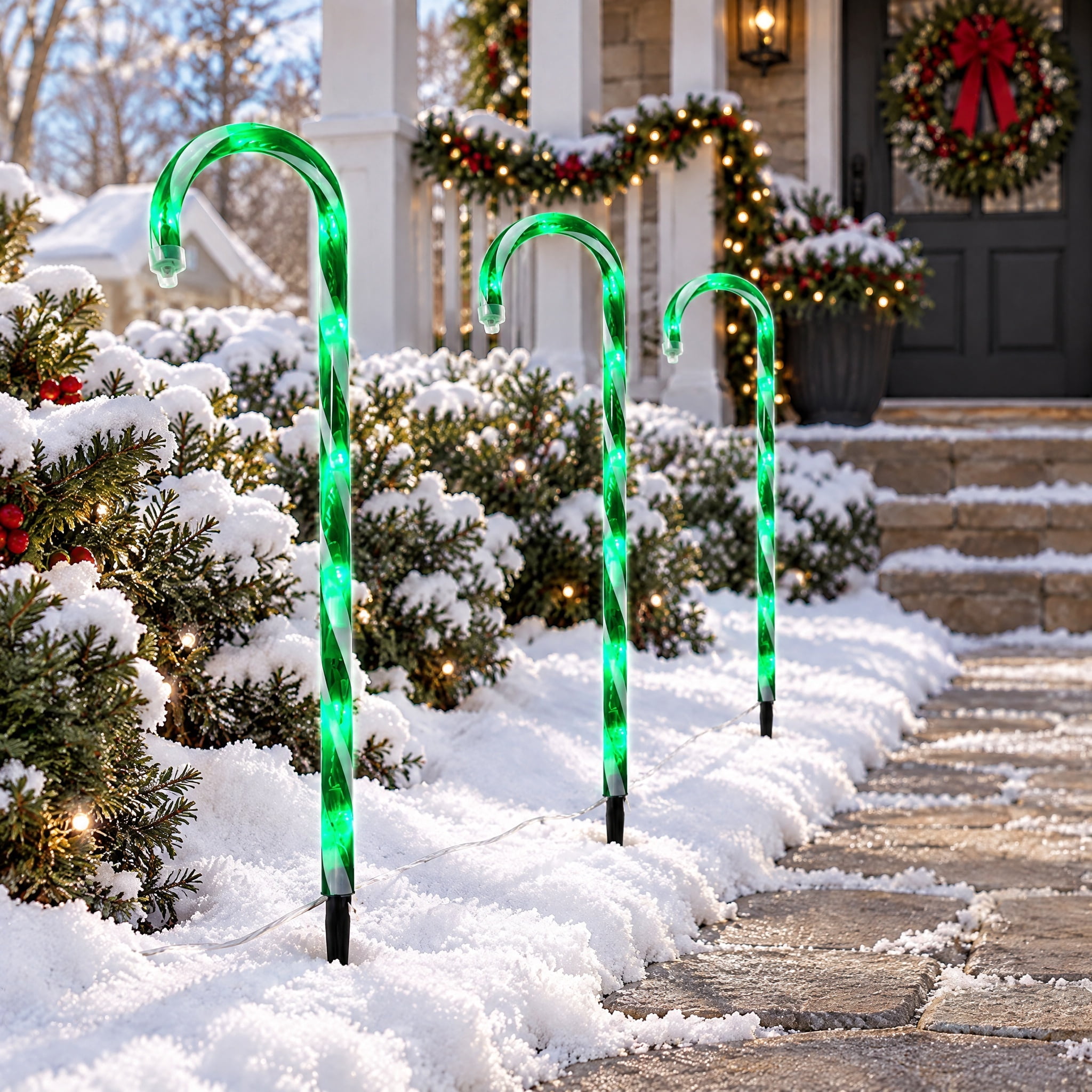 Light-Up Candy Cane Outdoor Christmas Yard Stakes, Green and White, 26", Set of 3, by Holiday Time