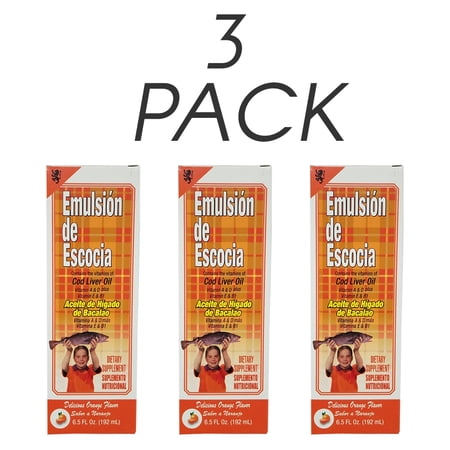 Emulsion de Escocia. Cod Liver Oil Dietary Supplement. Rich in Vitamins A, D, E and B1. Orange Flavored. 6.5 Fl.Oz / 192 mL. Pack of 3