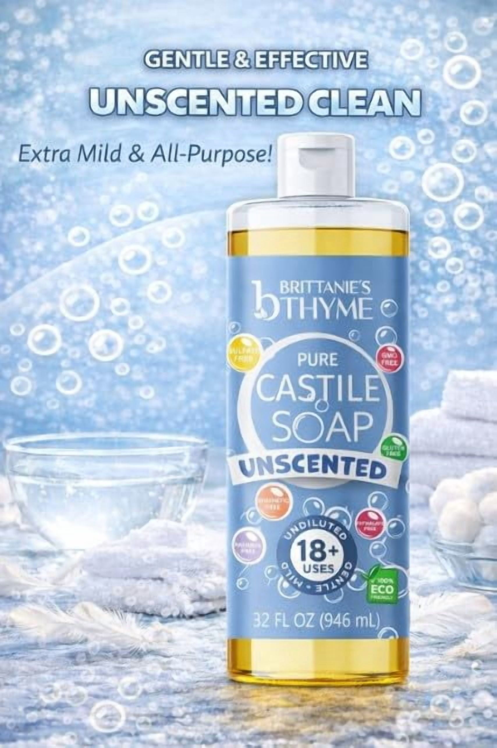 Brittanie’s Pure Castile Liquid Soap Refill, Unscented, 32 Ounce Pack of 2 | Dish Soap, Hair & Body, Home, Gentle and Pure, Made with Natural Luxurious Oils, Vegan & Gluten Free Non-GMO