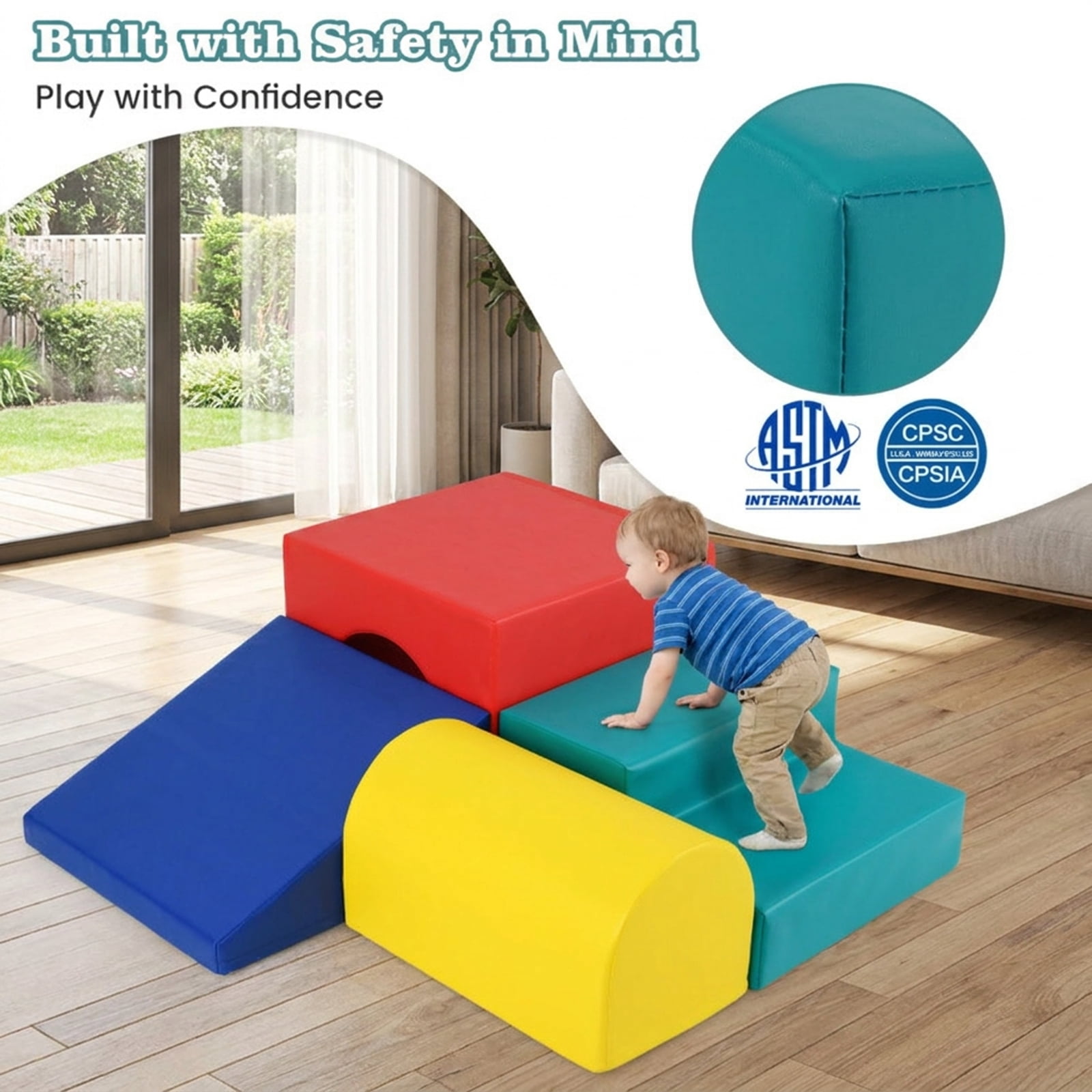 Redsmile Foam Climbing Blocks for Babies, Climb and Crawl Play Set with Tunnel Slide and Rocker, Soft Infant Play Gym, Red