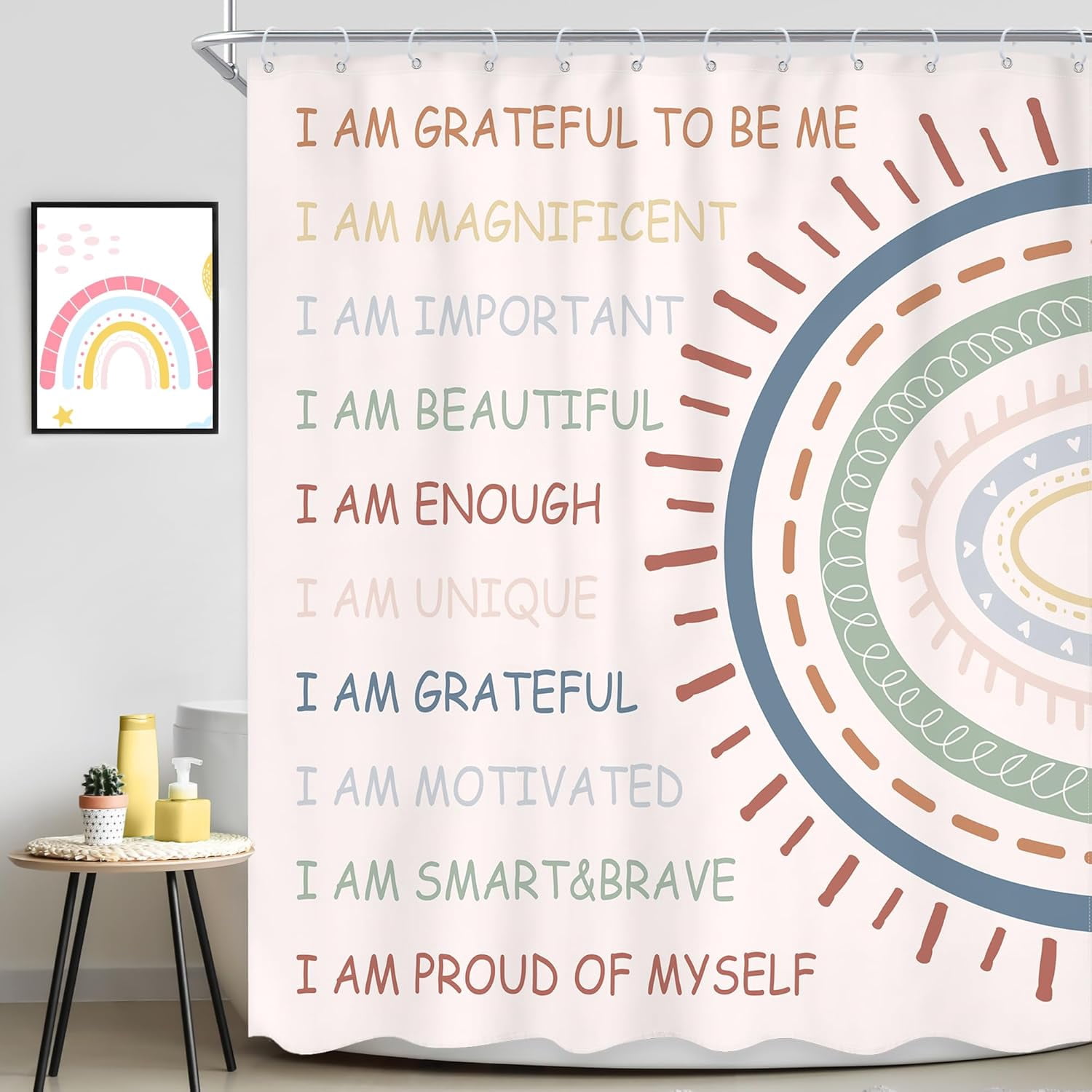 Kids Girls Rainbow Inspirational Shower Curtain Positive Quote Motivational Boho Abstract Pink Cartoon Cute Colorful Lovely 72Wx72L Inch Bathroom Set Bath Curtain Bathtub Accessories Home Decor