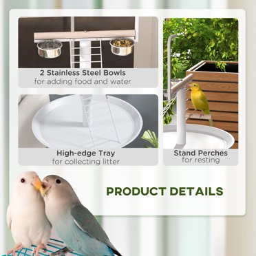Pawhut Metal Bird Cage With Stand For Parrots, Lovebirds, Finches, Large Bird Cage With Swing, Stainless Steel Bowls, Removable Tray For Small Birds, Gray