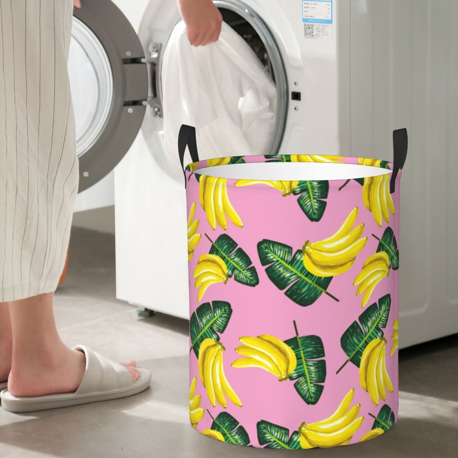 Large Laundry Basket with Handles - Cute Banana Green Leaves Kids Baby Dirty Clothes Laundry Hamper for Bedroom Aesthetic