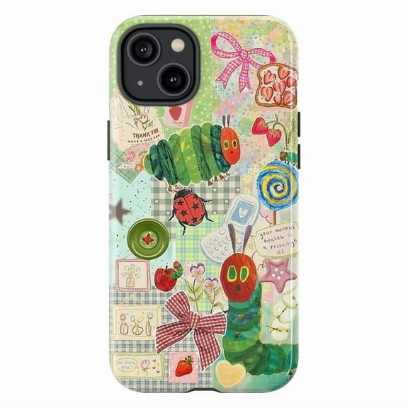 Kawaii Caterpillar with Strawberry Collage Phone Case, Gingham & Ribbon Design for iPhone 11 12 13 14 15 16 17 Pro Plus