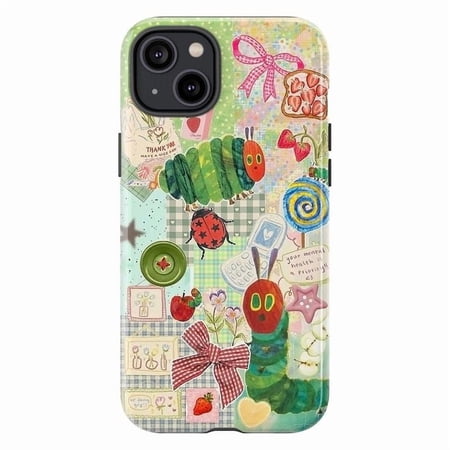 Kawaii Caterpillar with Strawberry Collage Phone Case, Gingham & Ribbon Design for iPhone 11 12 13 14 15 16 17 Pro Plus