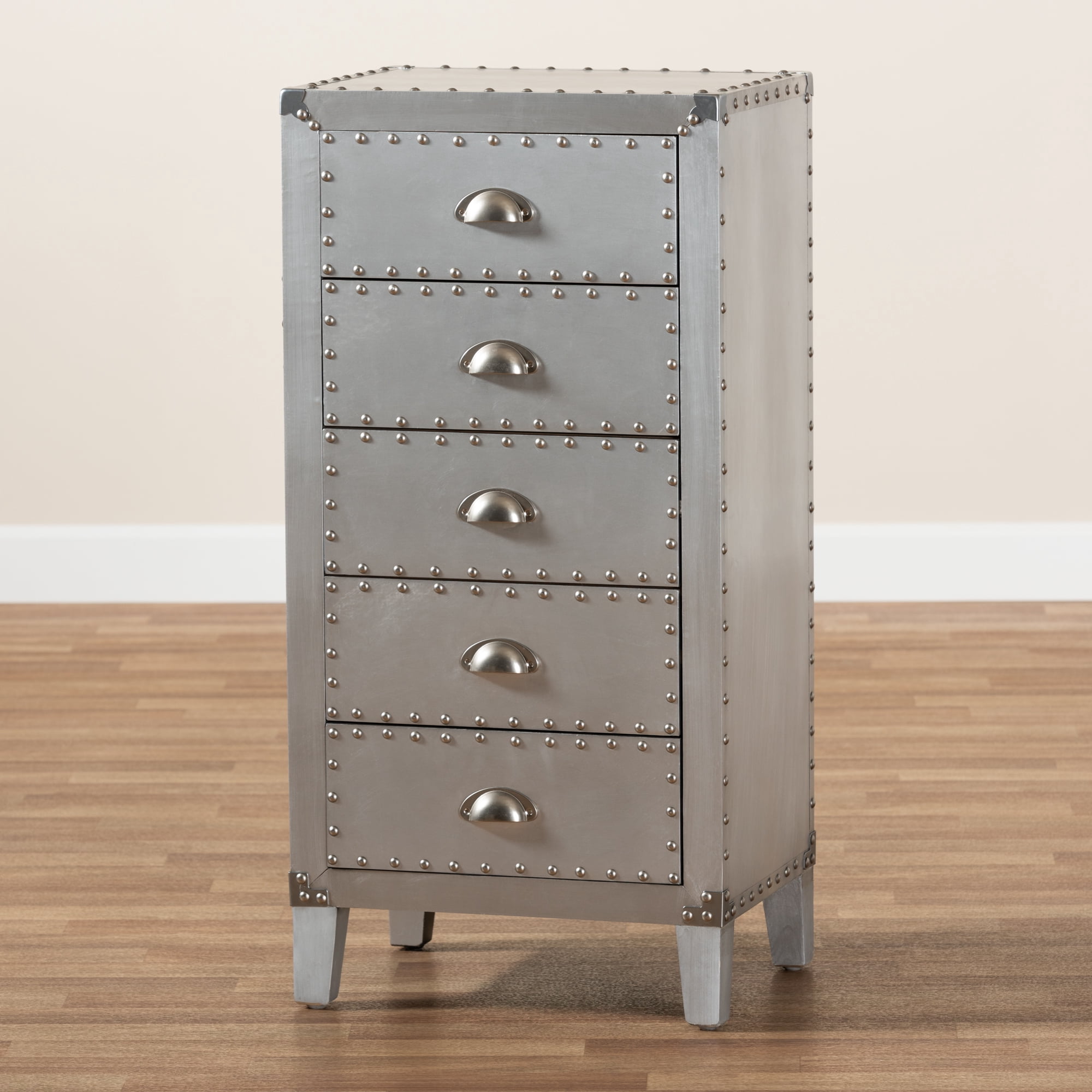 Baxton Studio Carel French Industrial Silver Metal 5-Drawer Accent Chest
