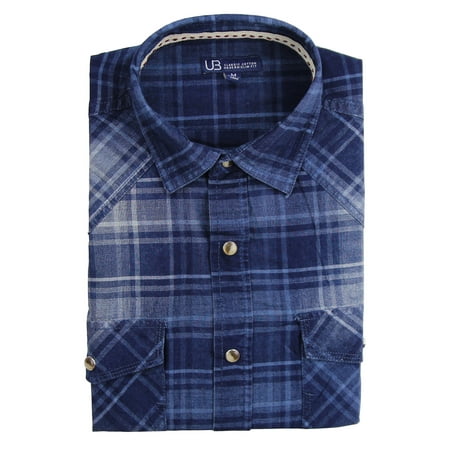 Indigo Mens Shirt - Men's Long Sleeve Plaid Pearl Snap Western Shirt (Indigo, Regular Fit: X-Large)