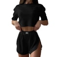thumbnail image 4 of Jamicy Women's Pajamas Set Solid Color Casual Sleepwear Tee Shirts and Shorts Side Slit Crewneck Loungewear Two-Piece Set for Home Wear, 4 of 9