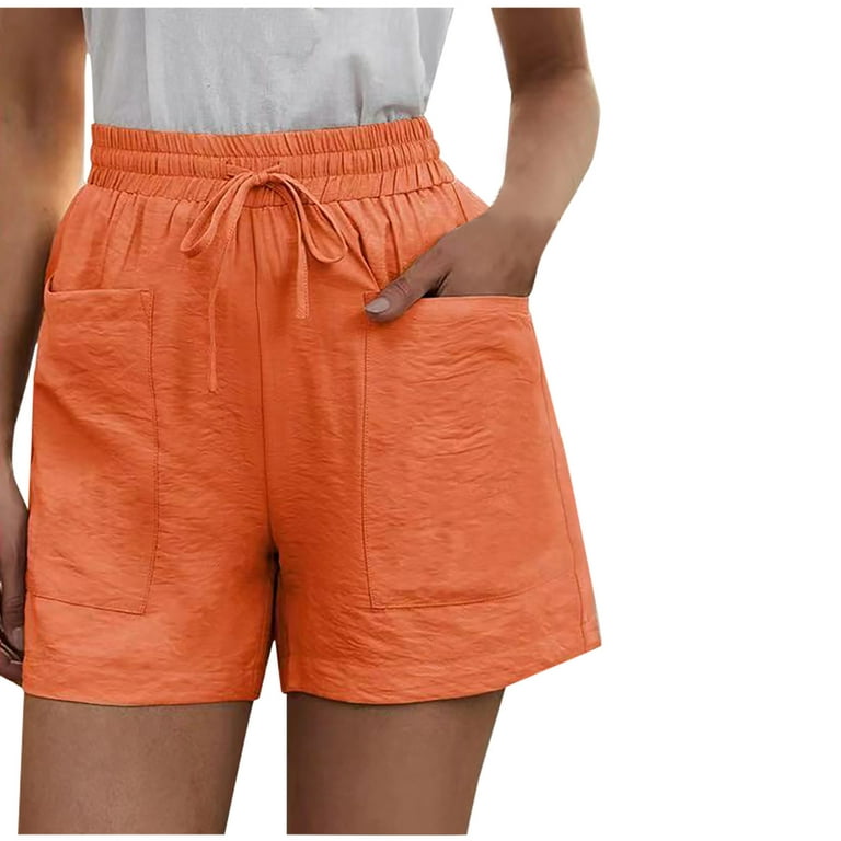 Zodggu Womens Orange Capris Women's Breathable Comfy Loose Wide Leg Pants  Elastic High Waist Straight Pants Casual Cotton Linen Shorts Trendy Shorts  16 