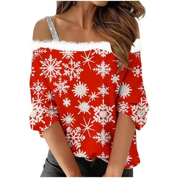 Festival Saving Womens Christmas T Shirts Funny Festive Snowflake Top 3/4 Sleeve Cold Shoulder Shirt Blouse Christmas Holiday Shirt Tees My Items