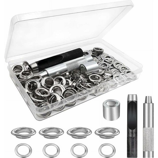 Kit d'Écrou d'Outil, 100 Pcs Kit d'Illets, Illets de Bâche, Bâche en Toile Argentée Kit de Réparation de Tente Illet 12mm (Diamètre Intérieur)