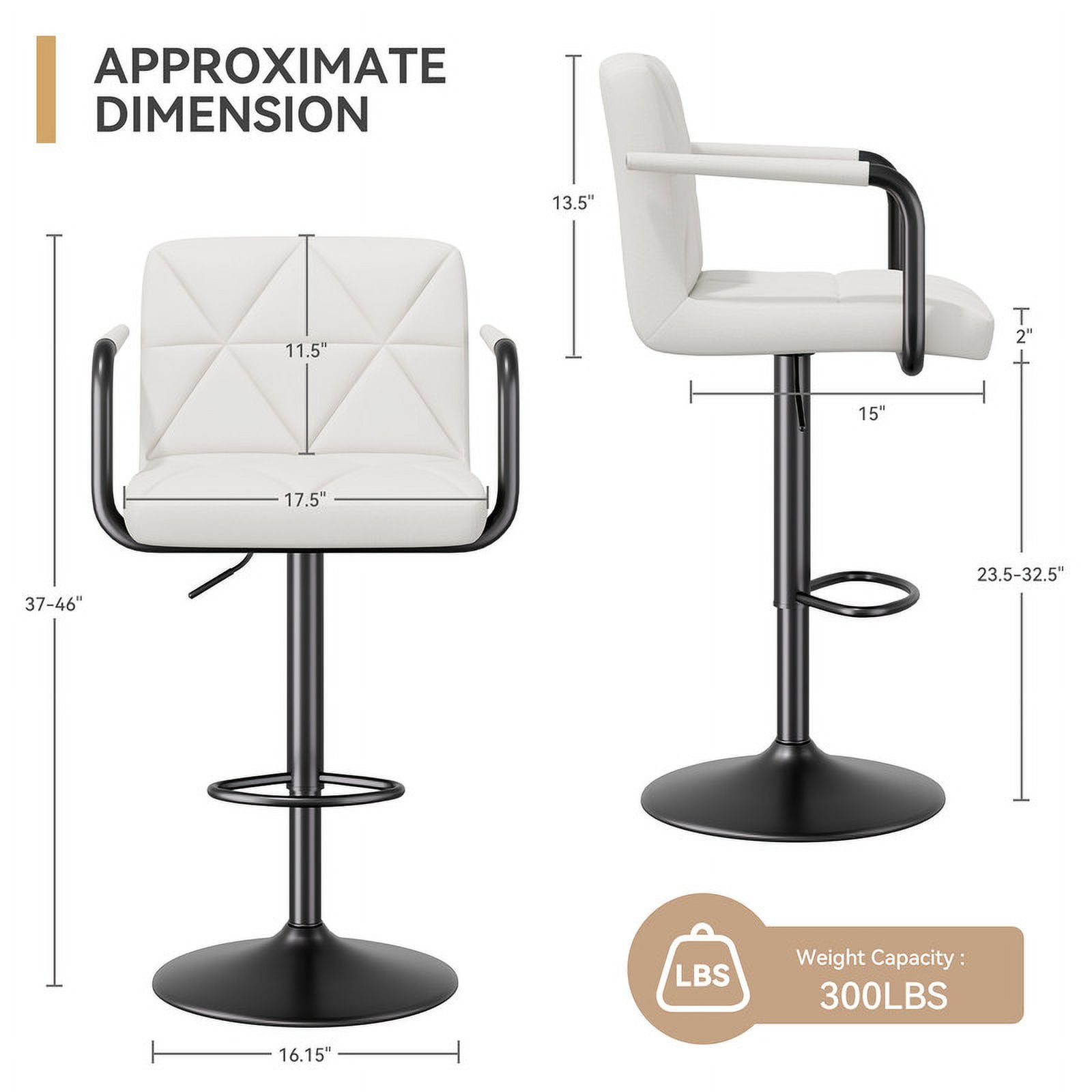 Hawsaiy Modern Bar Stools Set of 2, PU Leather Adjustable Swivel Bar Chairs with Armrests and Back, Hydraulic Counter Height Stools with Footrest for Kitchen Island, Dining Room, Bar, White