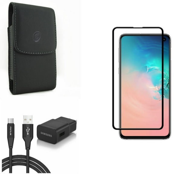 Galaxy S10e Fast Home Charger w Screen Protector w Case Belt Clip - Type-C 6ft USB Cable Quick, Tempered Glass 5D Curved Edge, Leather Holster Cover for Samsung Galaxy S10e Phone