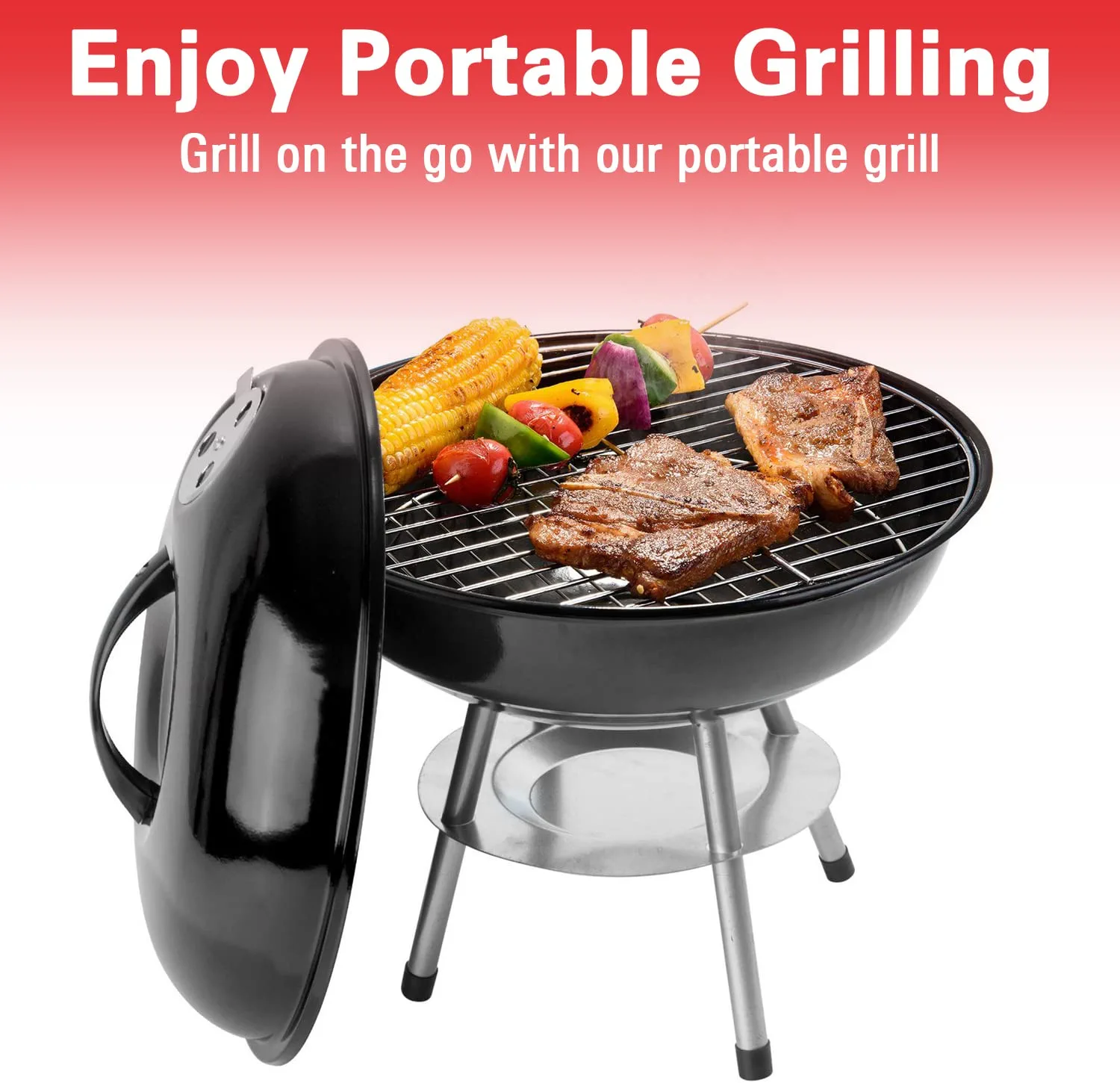 Alpine Cuisine Premium 14" Charcoal BBQ Grill Round for Outdoor Cooking, Barbecue Coal Kettle Bowl Grill Portable Heavy Duty Round with Legs Grilling for Tailgating Patio Backyard Camping - Black