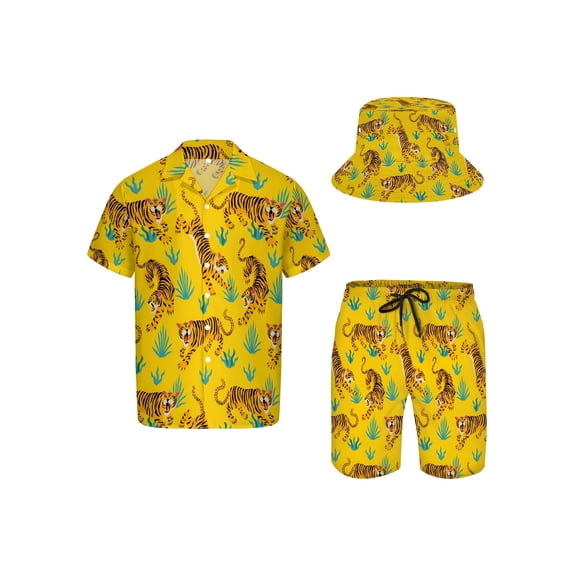 3pcs Men's Hawaiian Shirt And Short Set, Yellow Angry Tiger Soft Fabric Breathable Shirt Button Short Sleeve Casual Beach Shirts Outfits with Bucket Hats