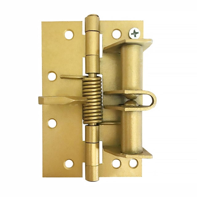 bisagra de resorte para puertas de cierre automático automático con puerta multifuncional de 8 tornillos, vista frontal centrada de bisagra de hierro 100 x 65 mm en tono latón con resorte helicoidal visible, eje cilíndrico, placa con ocho orificios para tornillos y pasador de retención; adecuada para puertas interiores y apta también para gabinetes o portones ligeros.