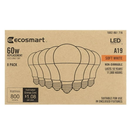 

EcoSmart 60-Watt Equivalent A19 Non-Dimmable LED Light Bulb Soft White (8-Pack)
