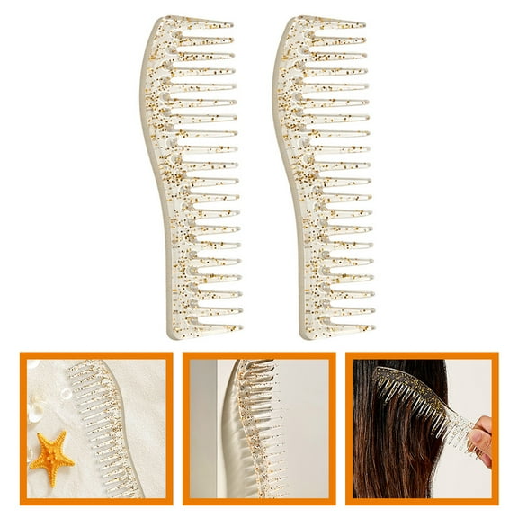 TEHAUX Wide Tooth Detangling Comb Set, 2 Pieces Plastic Beige Combs for Thick, Curly, Wavy Hair Styling