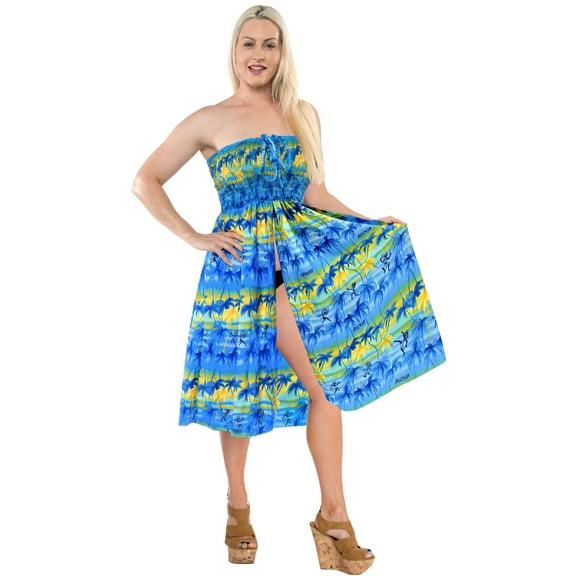HAPPY BAY Women's Beach Summer Ruffle Tube Top Midi Evening Dress Strapless Dresses for Women L-XL Aqua, Palm Tree