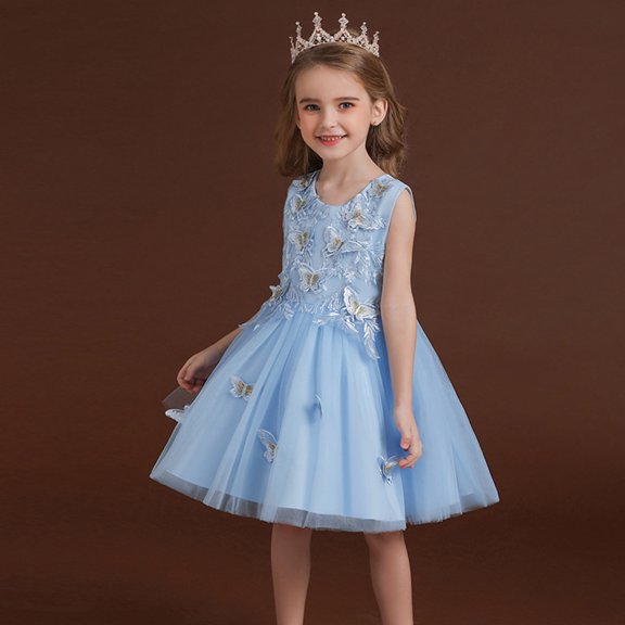 FAOWME Toddler Kids Girls Dress Sleeveless Round Neck Solid Color Butterfly Design Elegant Comfortable Mesh Tutu Dresses For Evening Party,Blue,3-4 Years