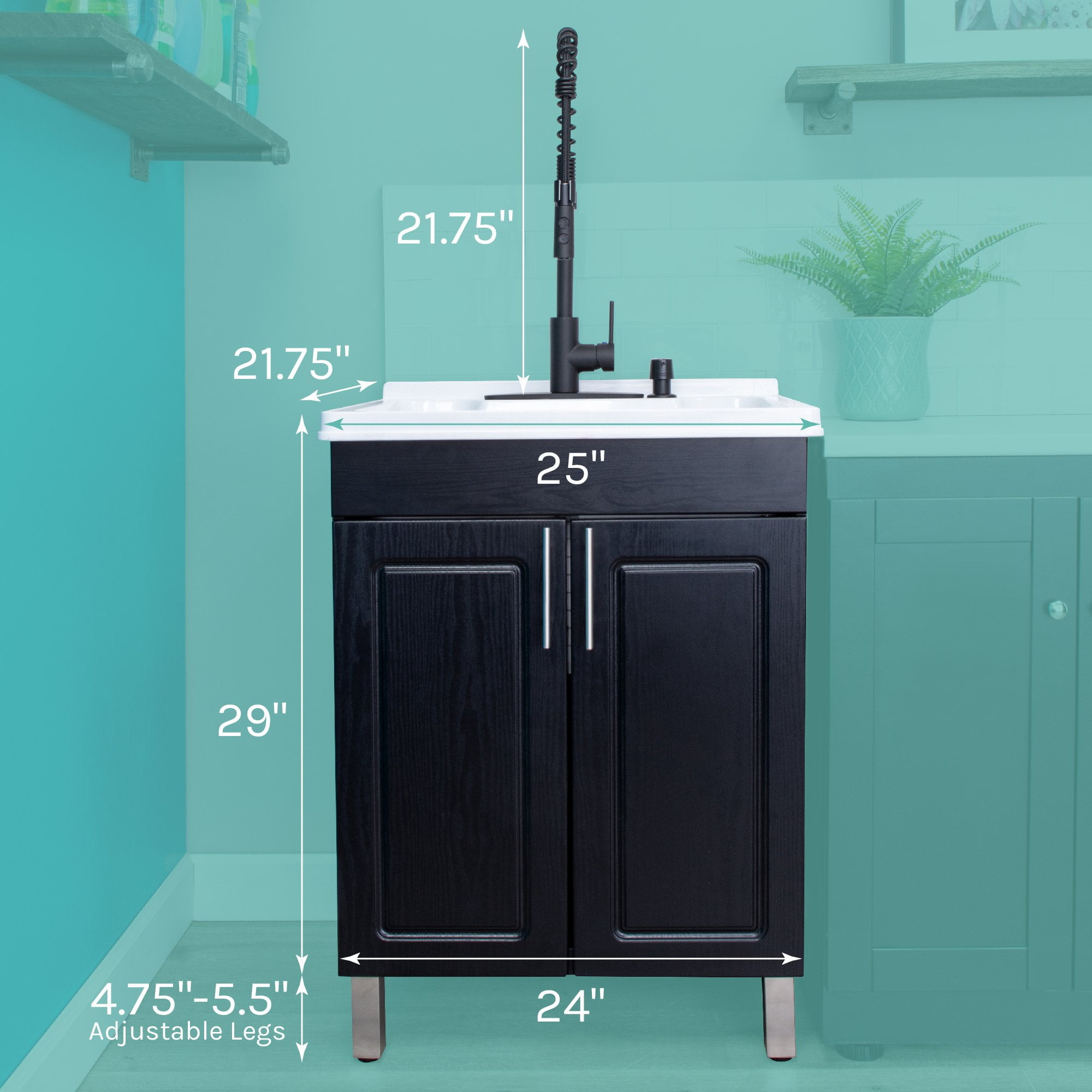 Tehila Black Utility Sink Vanity with Black Finish Hi-Arc Coil Faucet