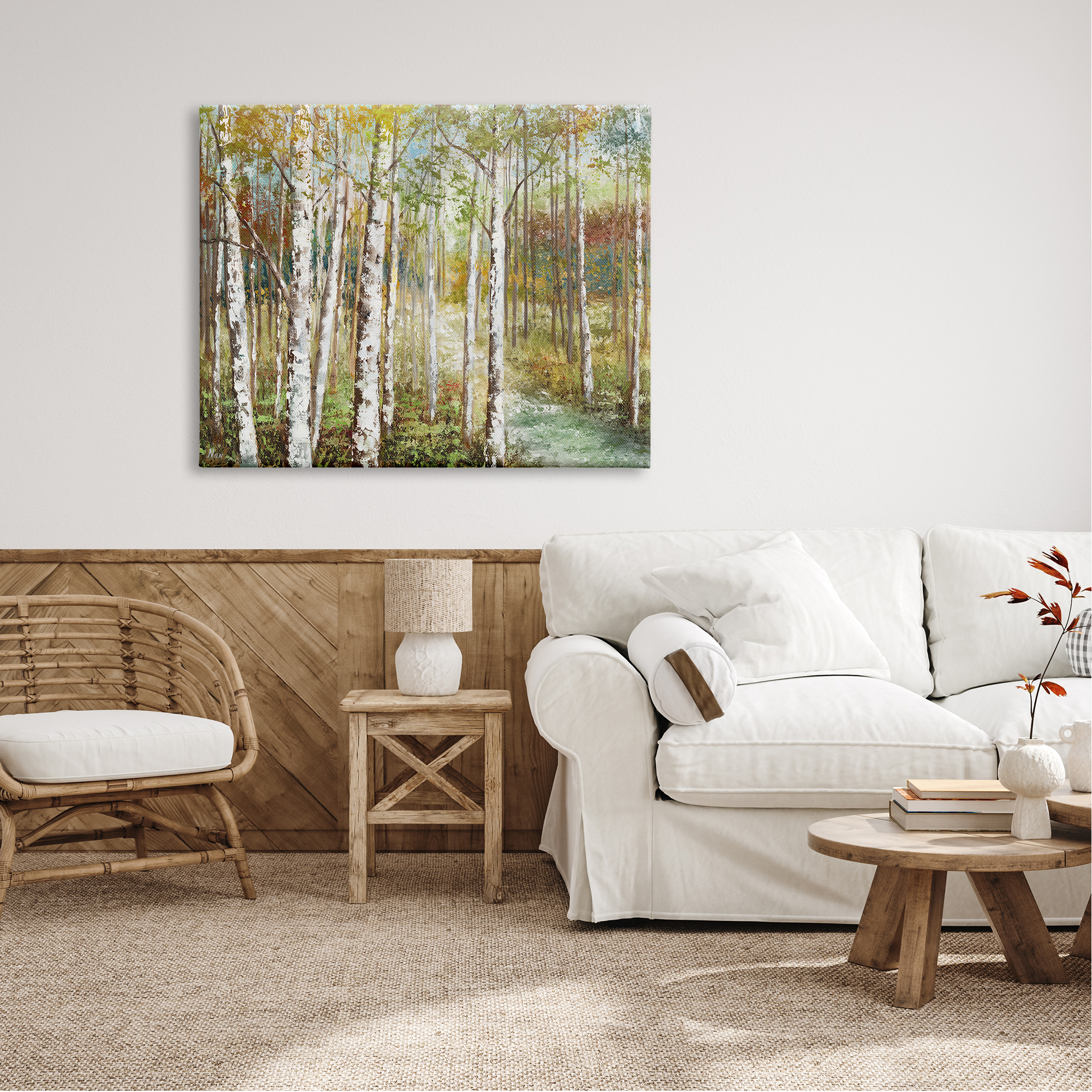 Stupell Industries Beautiful Autumn Birch Grove Stream Painting , 48 x 36, Design by Nan