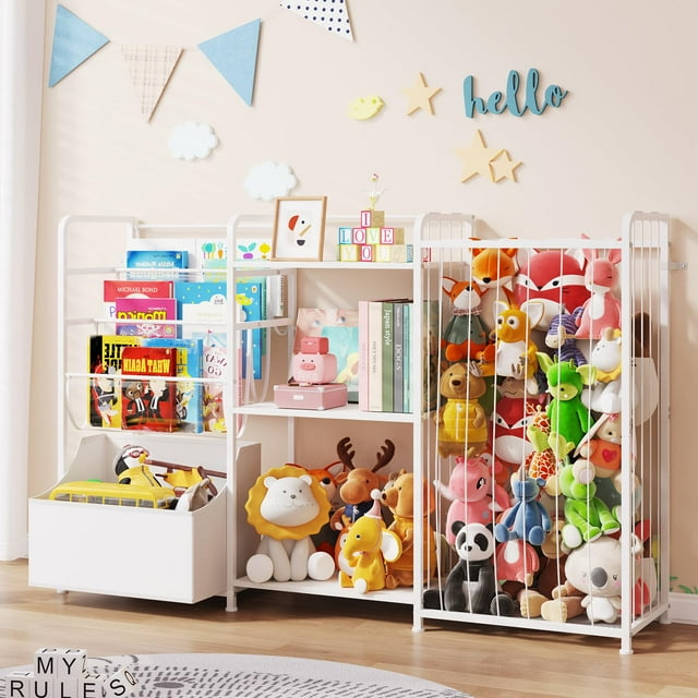 Organizador de almacenamiento de juguetes BBLIKE 3 en 1 con estantería y peluches