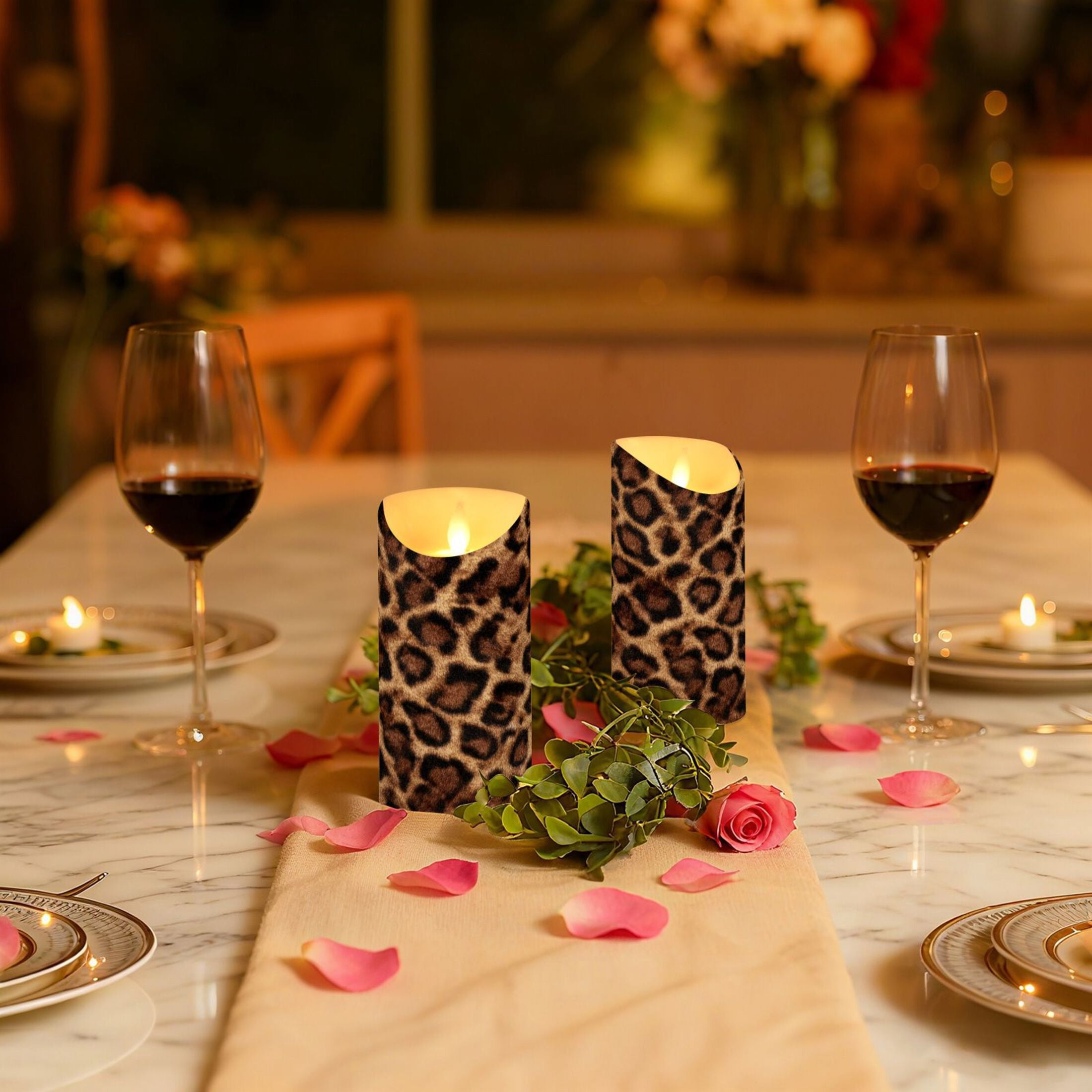 Iauyy Flameless Candles Battery Operated LED Pillar Candles with Remote and Timer, Brown Leopard Print Set of 2 （M)
