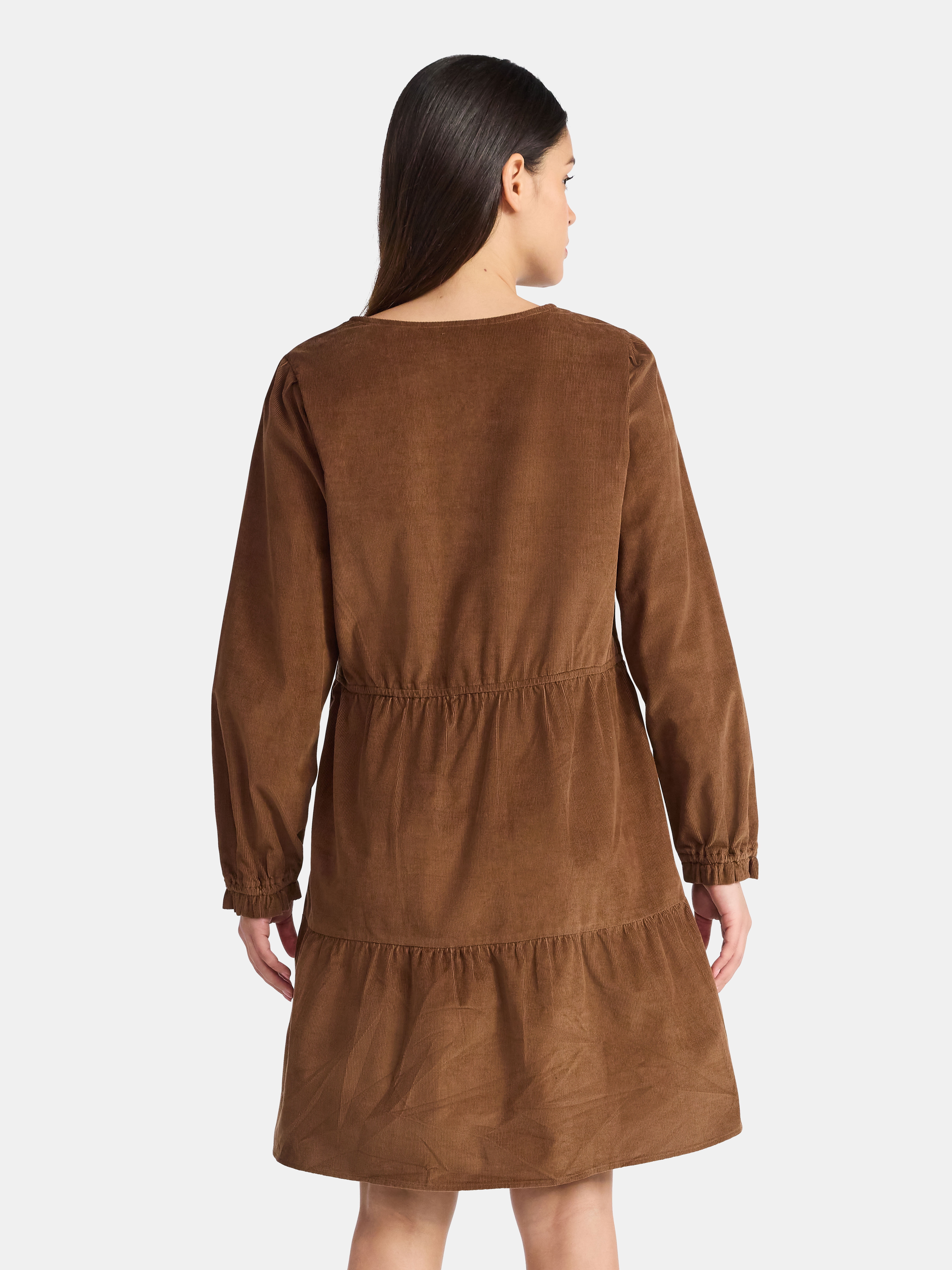 Time and Tru Women's Tiered Corduroy Dress with Long Sleeves, Sizes XS-XXXL
