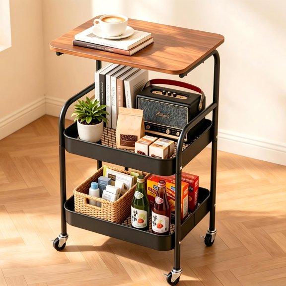 Yucurem 3 Tier Rolling Cart, Metal Utility Storage Cart with Thickened Mesh Basket & Wooden Tabletop, Craft Cart for Livingroom, Bathroom, Kitchen, Black