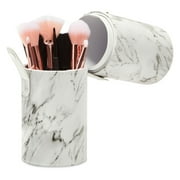 Marble Makeup Brush Cup with Lid for Travel & Vanity, Faux Leather Cosmetic Storage Holder Organizer, White, 3 x 9 in