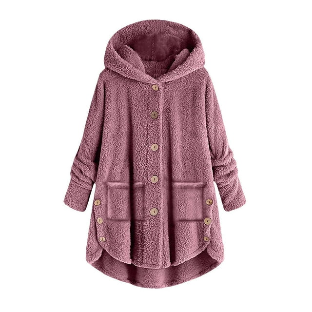 Dvprdro Womens Winter Coat Women Plus Size Button Plush Hooded Loose Cardigan Wool Coat Winter Jacket