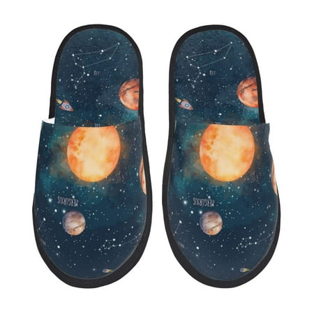 Balery Solar System And Planets Slient Indoor Furry Fleece Comfort House Shoes Soft Non-Slip Home Shoes Cotton slippers House Slippers-- Large
