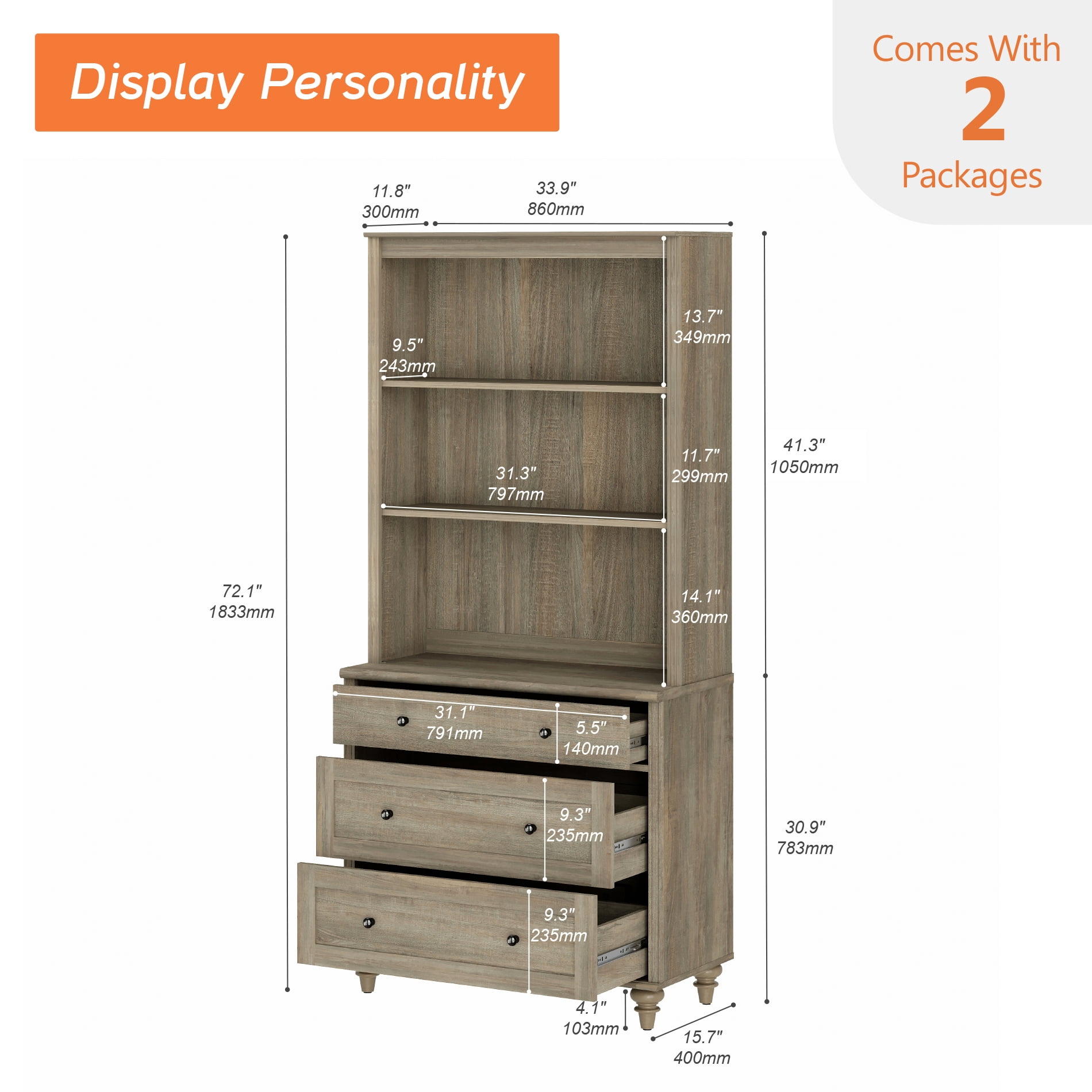 Farmhouse 5 Tier Bookcase With 3 Drawers, Wash Gray, 33.9" W