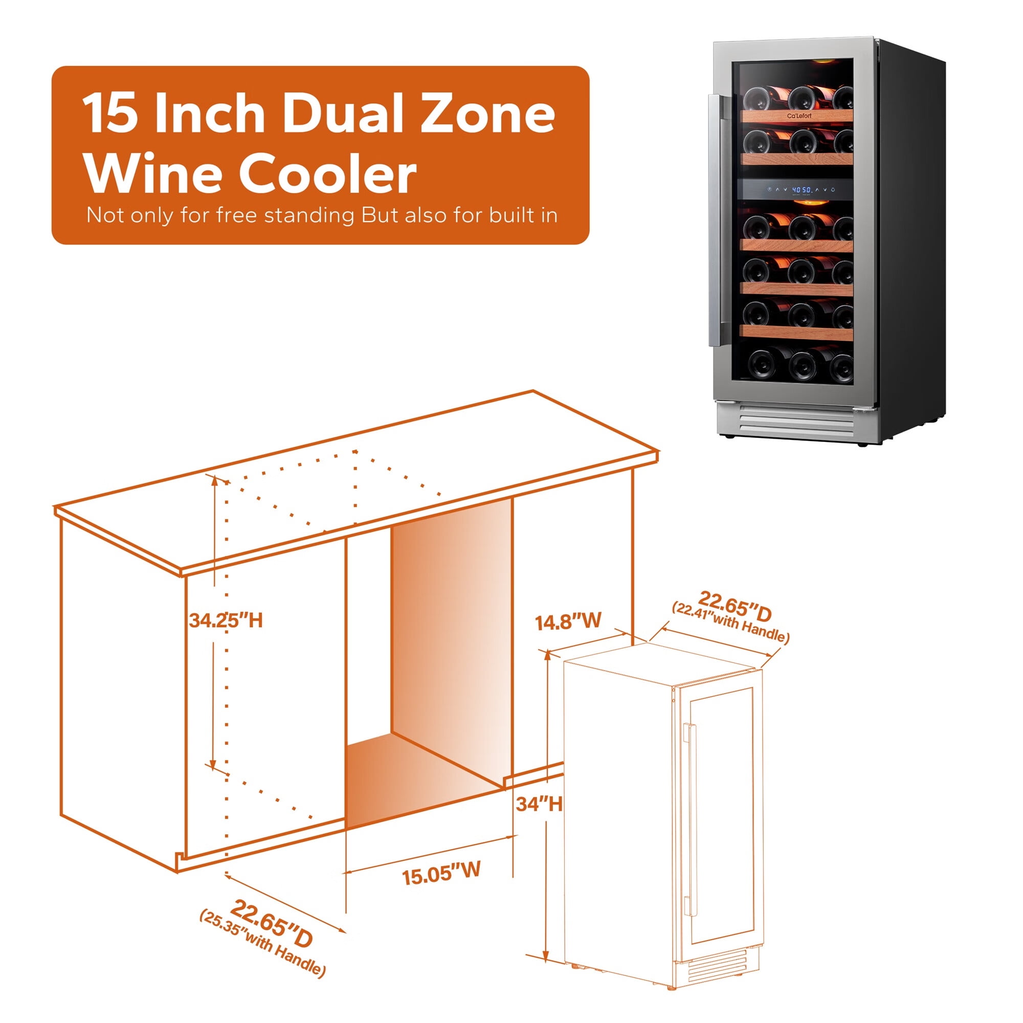 Ca'Lefort 15 Inch Wine Cooler Refrigerator, 28 Bottle Dual Zone Wine fridge with Stainless Steel Tempered Glass Door