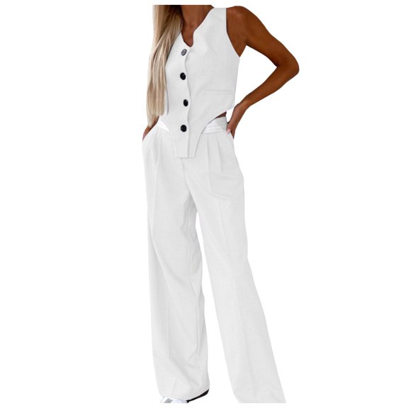 Likimi Two Piece Sets For Women Solid Color V Neck Sleeveless Button Down Pockets Tops With Wide Leg Pants Outfit Set White Size 2Xl